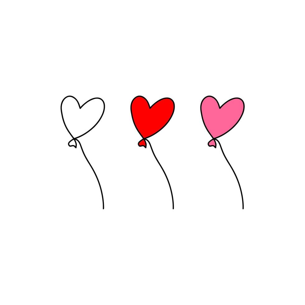 Three tiny heart shape balloons outlined, red and pink set vector