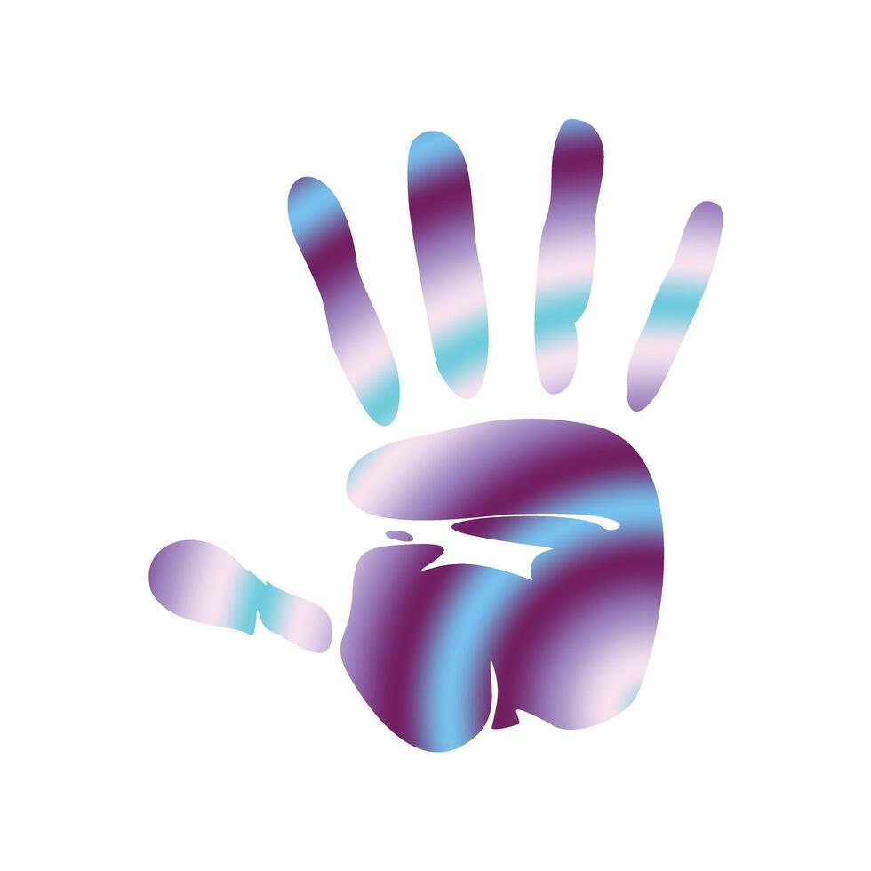 Holographic colored human handprint, iridescent gradient color hand y2k vector