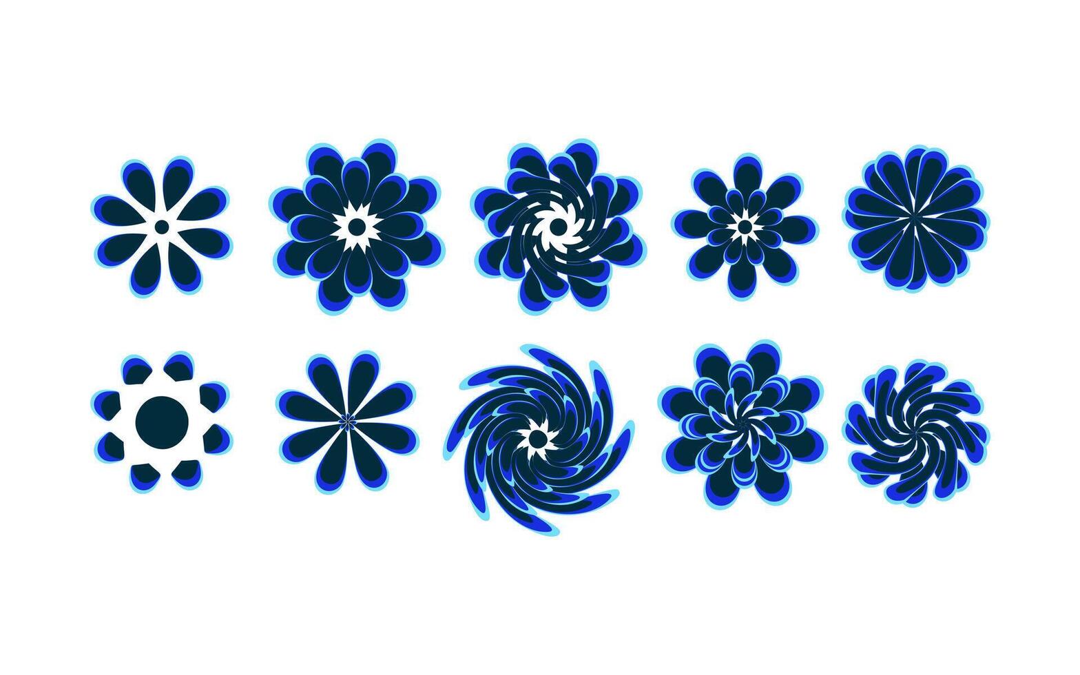 Collection of ten abstract geometric flower shapes in a blue and black color scheme, each featuring a unique petal arrangement and a glowing outline vector