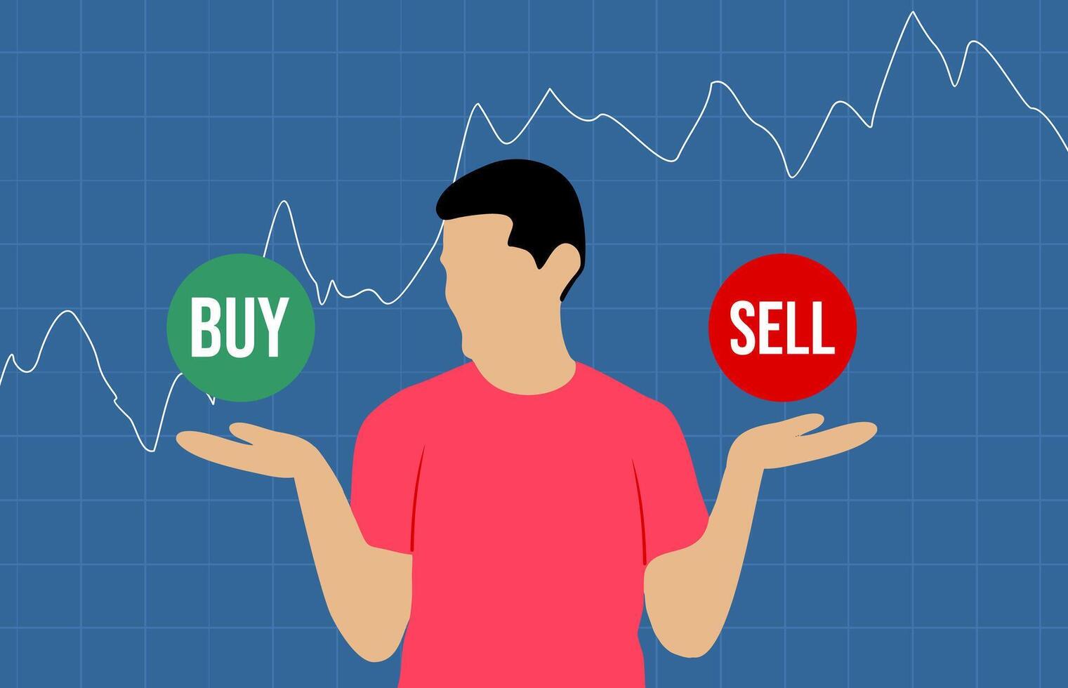 stock market concept illustration featuring a faceless man in a red shirt holding a green BUY button in one hand and a red SELL button in the other, with a financial chart in the background vector