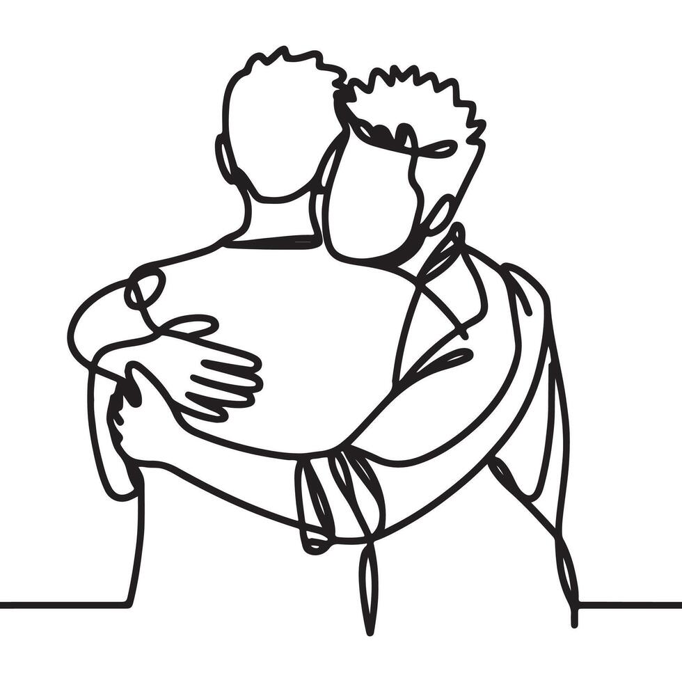 One continuous line drawing of a man meeting his old hugging each other. meet up, gathering. Simple line. vector