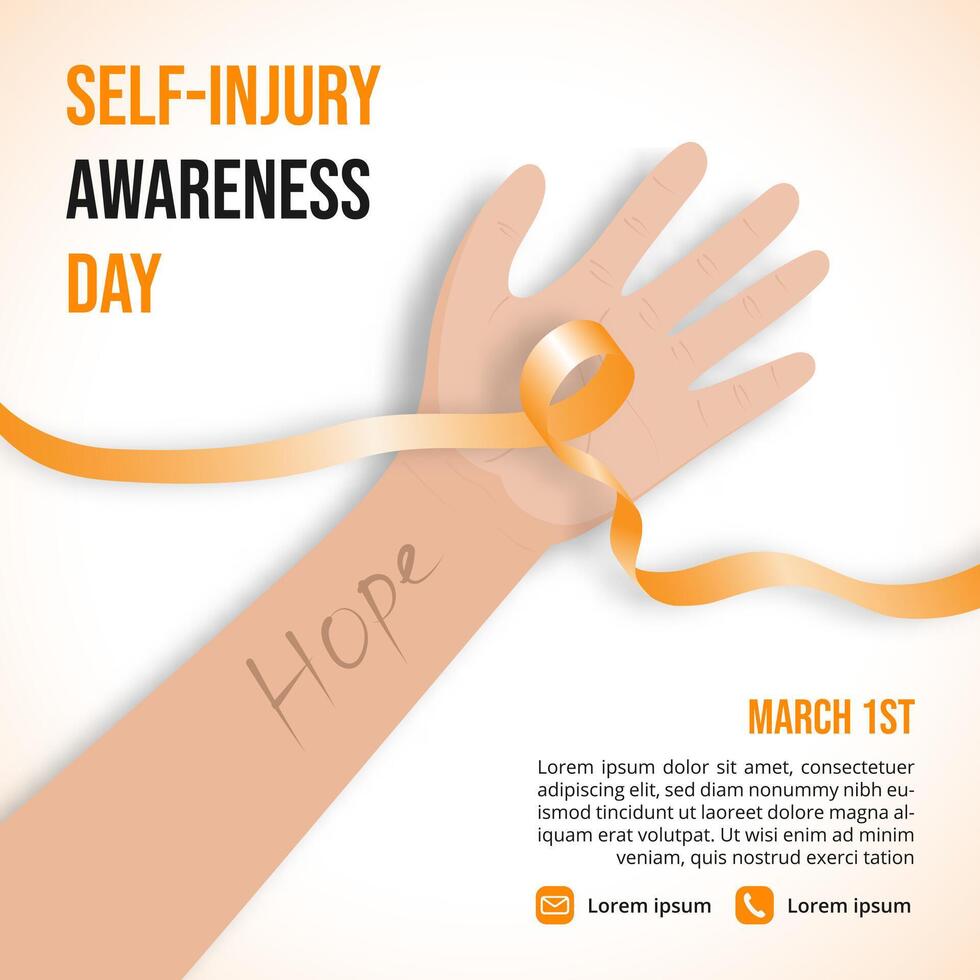 Self Injury Awareness Day with a ribbon and hand vector