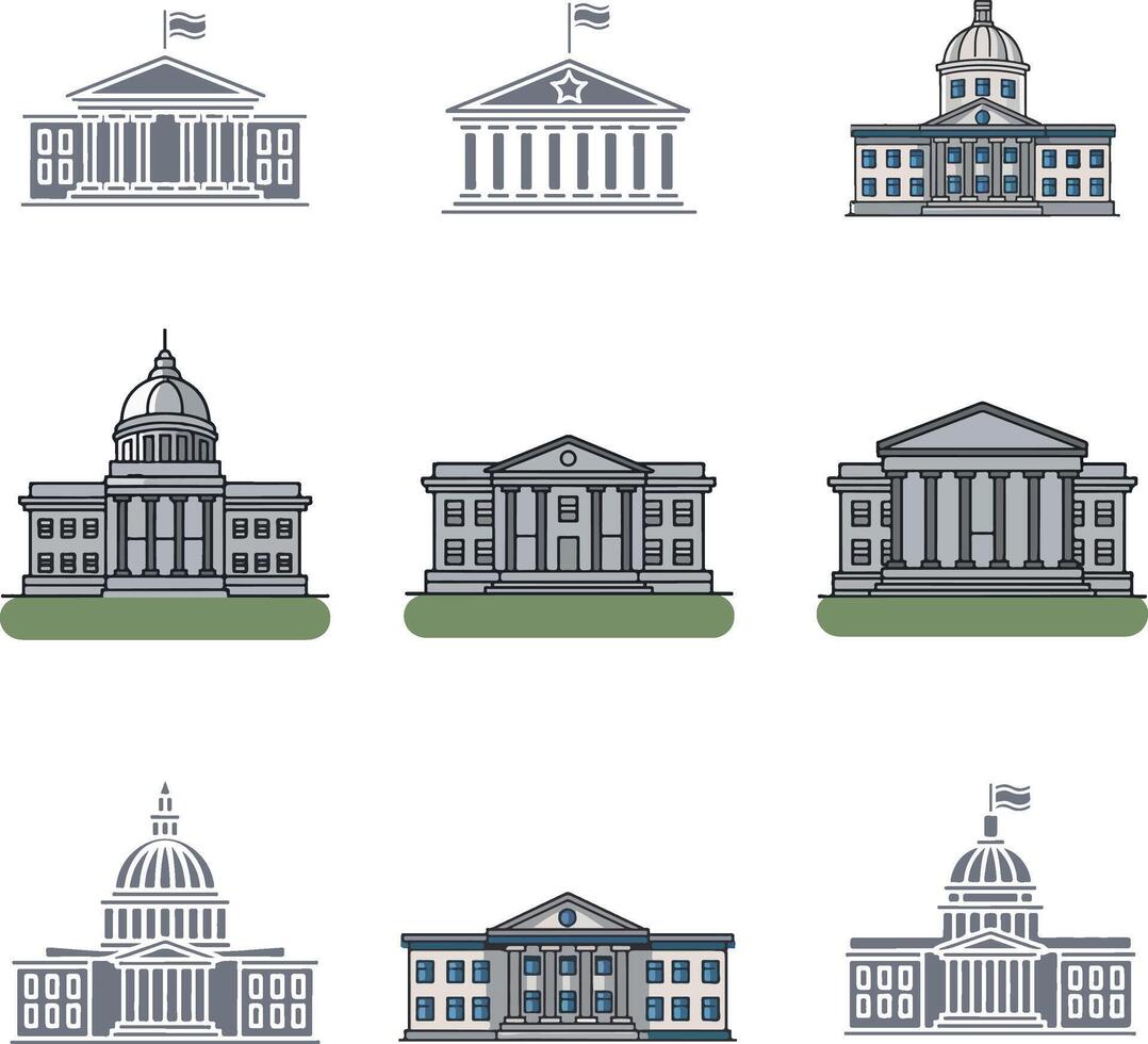 Government Building Icons, set of buildings in different styles vector