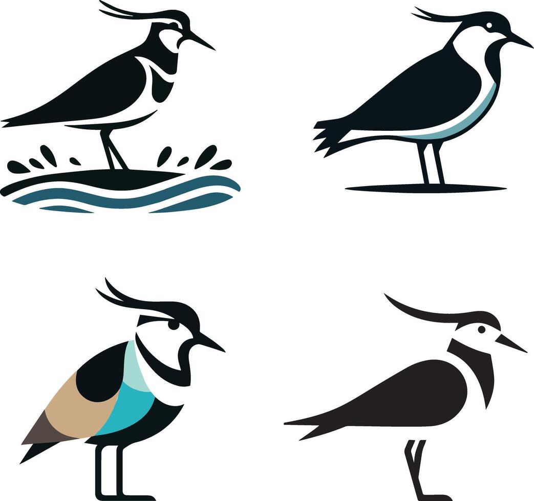 A flat silhouette image set featuring various poses of a Lapwing bird vector