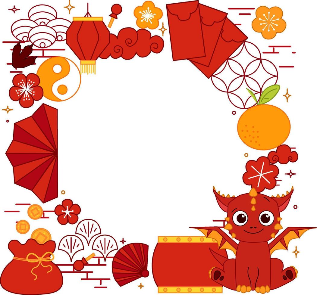 chinese new year traditional elements with red dragon 2036 circle round frame in graphic line style. template for your text. lunar lantern festival vector