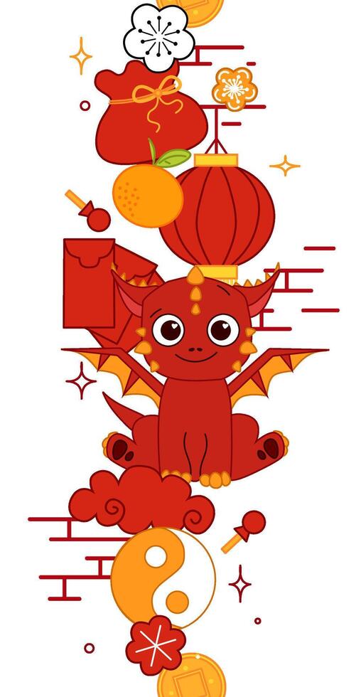 Chinese new year 2036 Decorations with cute red Dragon, lantern elements, clouds, fan, pattern, and transparent background seamless vertical border. CNY lunar lantern festival vector