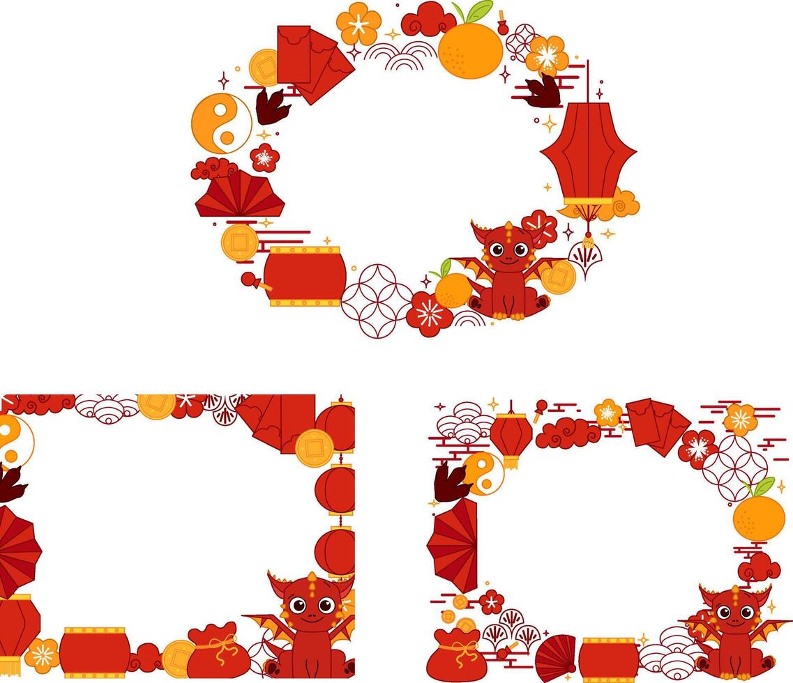 Happy Chinese new year 2036 red Dragon. Lunar lantern festival new year oval frame set for show product. graphic line CNY lunar lantern festival Greeting card. vector