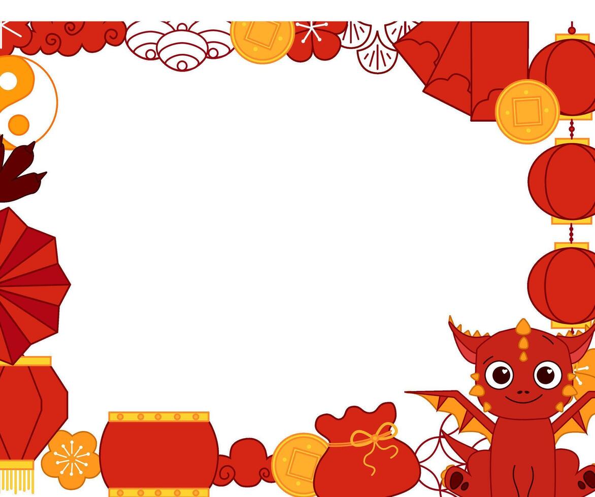 2036 New year of Red dragon. Chinese traditional elements for lunar lantern festival with cute baby dragon character graphic line rectangle frame template illustration. vector