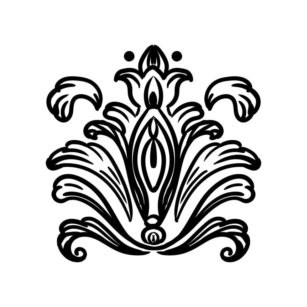 Baroque vintage element with arabesque and flourish motif. Sketch of ornate design element. Hand drawing vintage baroque style. Isolated engraving illustration. For decoration, print and design vector