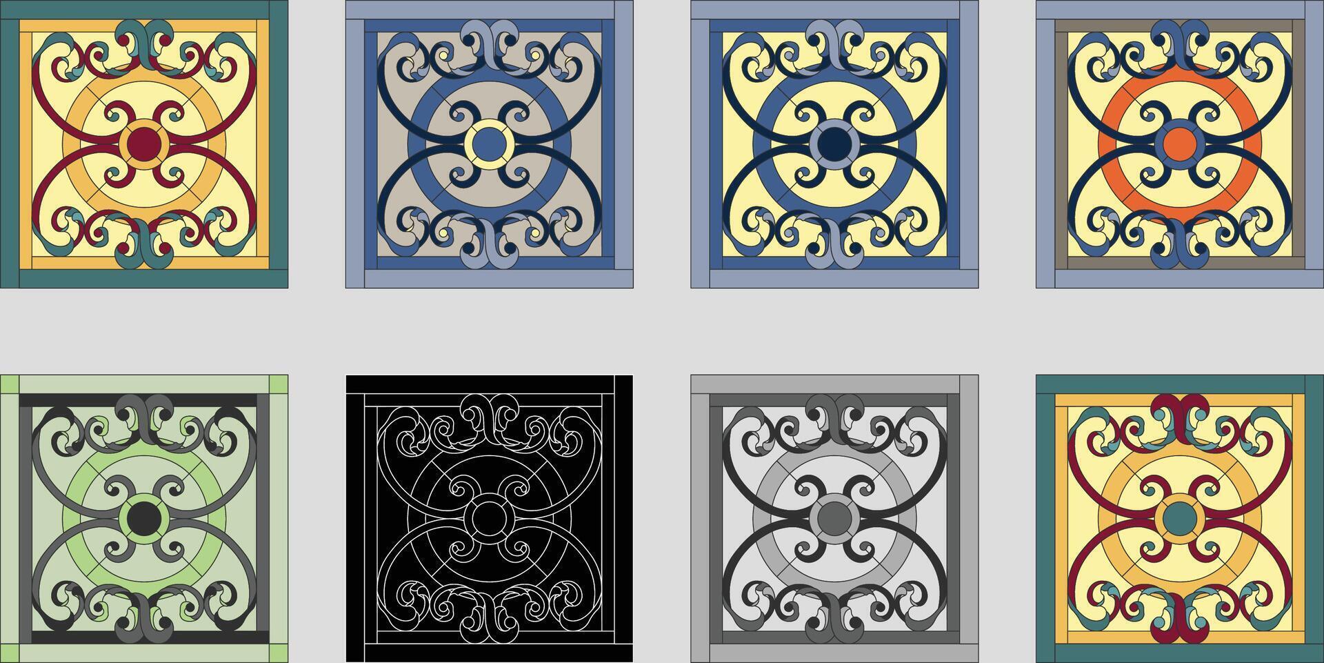 Ceiling panels of stained glass window. Abstract Flower, swirls and leaves in square frame, geometric ornament, stained glass tiffany technique, classic style vector