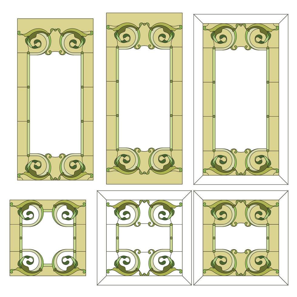Abstract glass panels geometric floral pattern in a rectangular and square frame Colorful stained glass window in classic style for ceiling or door panels, Tiffany technique vector