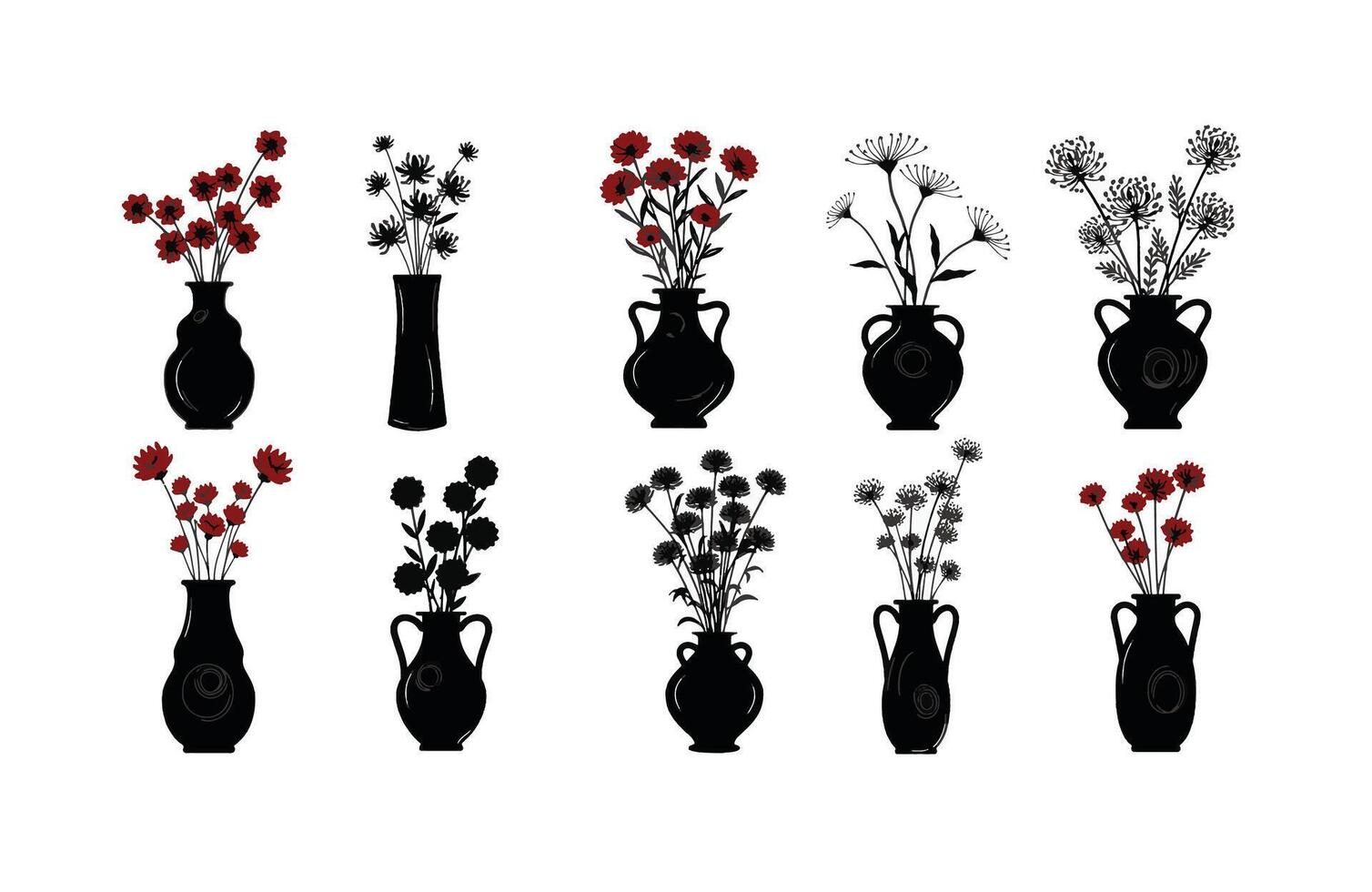 Floral silhouette collection with delicate vases vector