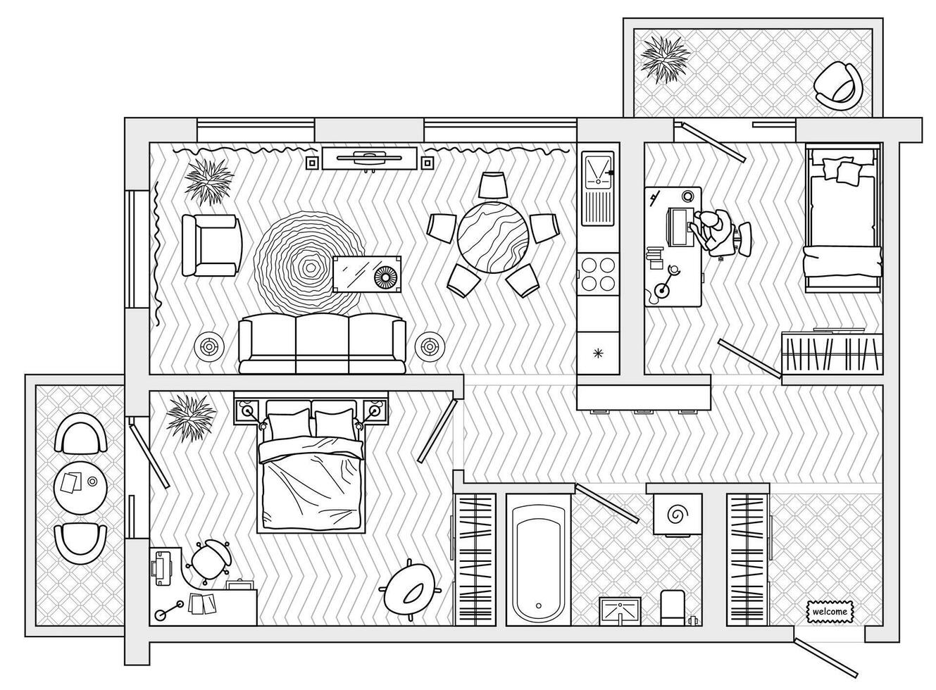 Architectural plan of a house, top view. Layout of the apartment with the furniture in the drawing view. With kitchen and toilet, living room and bedroom vector
