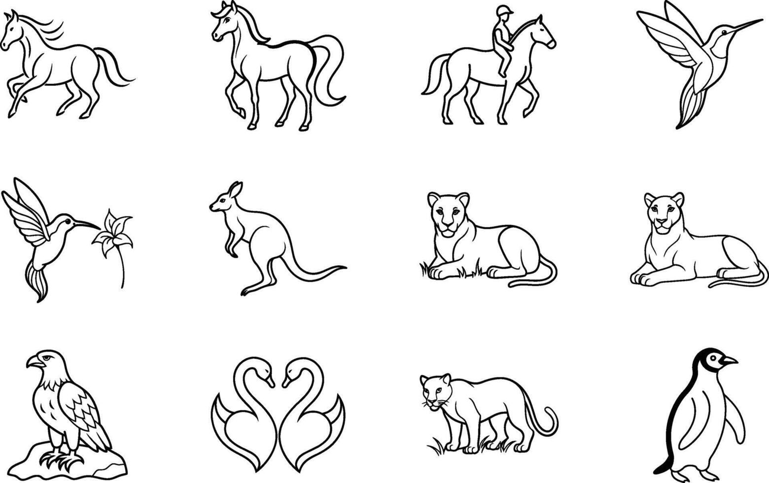 Elegant Line Art Horses, Hummingbirds, Lions, Kangaroos, Swans vector
