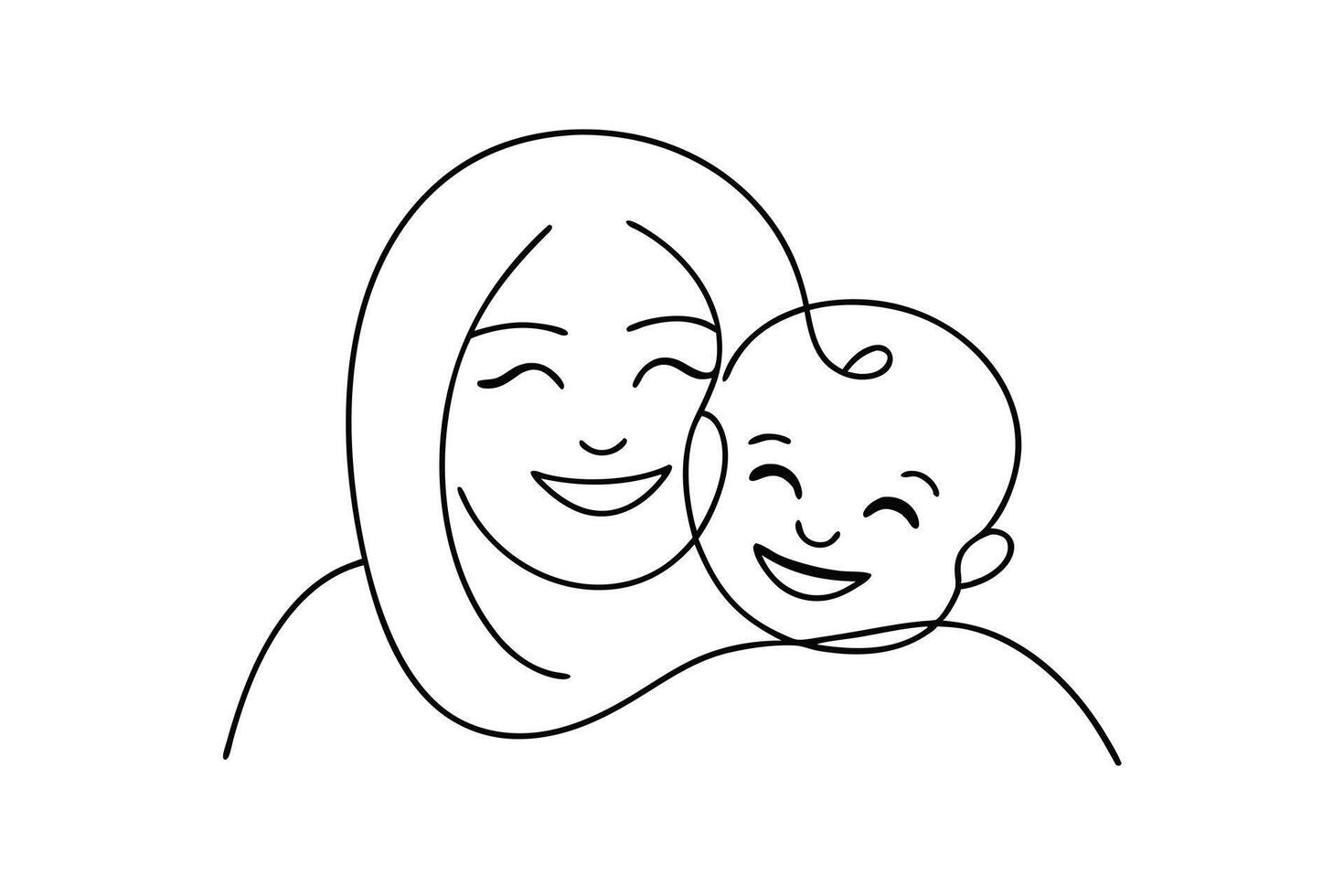 Happy Mother and Baby Line Art Drawing Smiling Faces, Joyful Embrace vector
