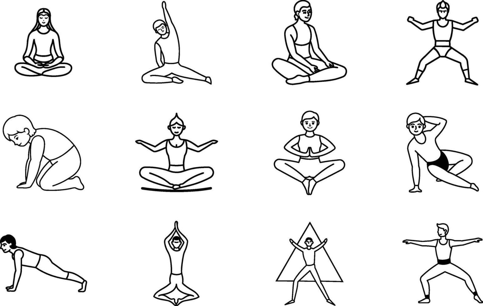 Yoga Poses Fitness Exercises, Stretching, Meditation, Asanas vector