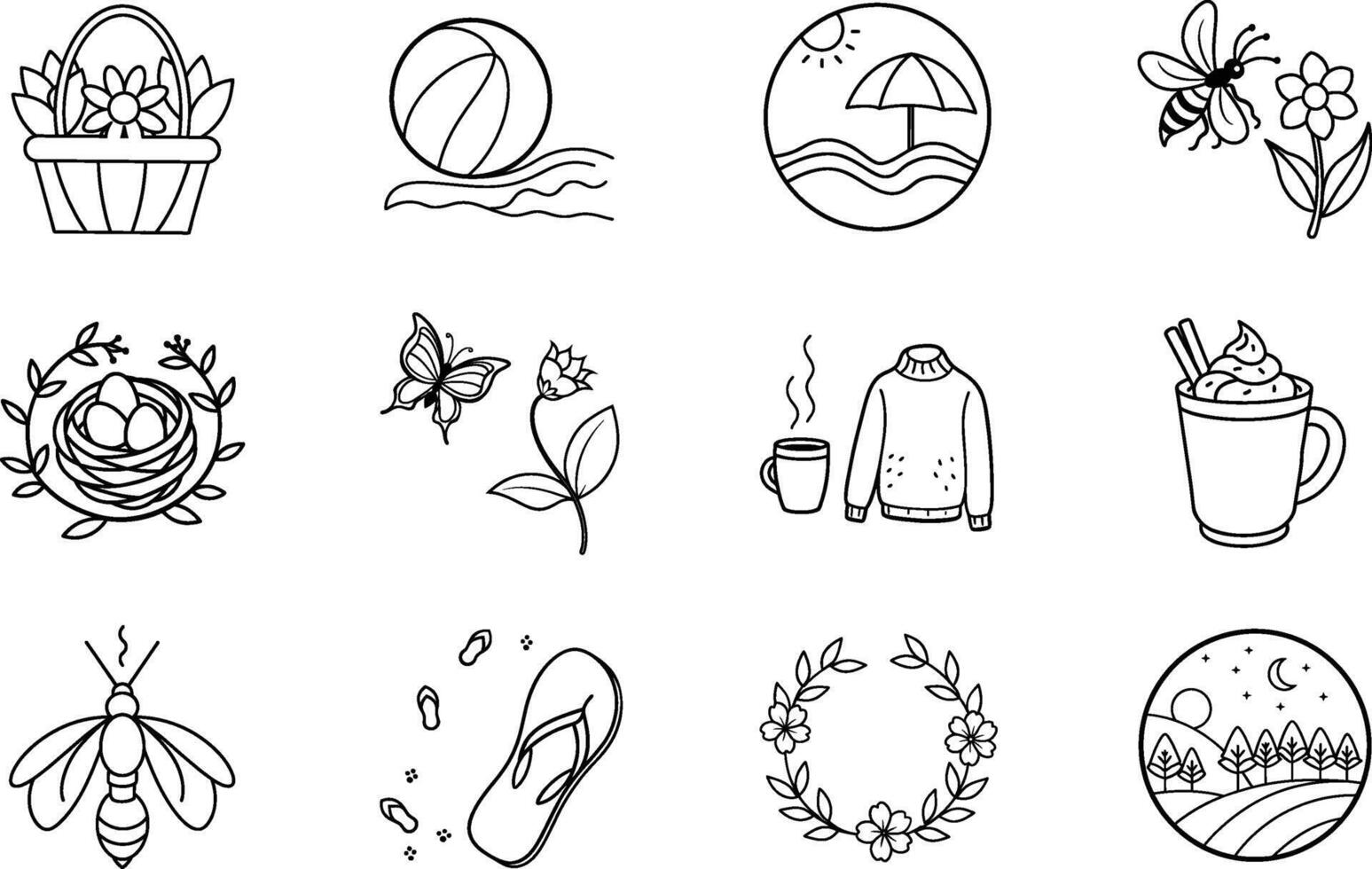 Cute Doodle Icons Spring, Summer, Autumn, Winter Illustrations vector