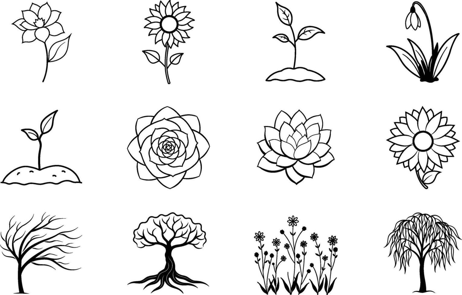 Botanical Line Art Flowers, Plants, Trees, and Growth vector