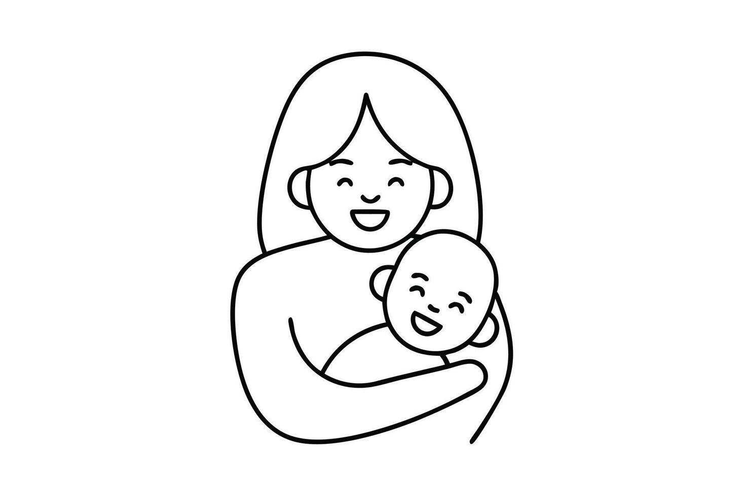 Happy Mother and Baby Illustration Line Art, Smiling Faces, Embrace vector