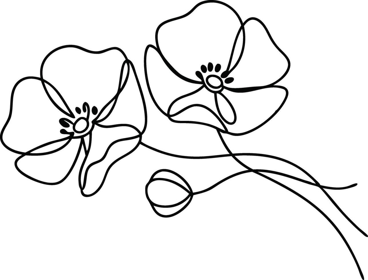 Simple line drawing of two poppies and a bud. Minimalist style, single continuous line, black ink on white background. Botanical illustration, floral art. vector