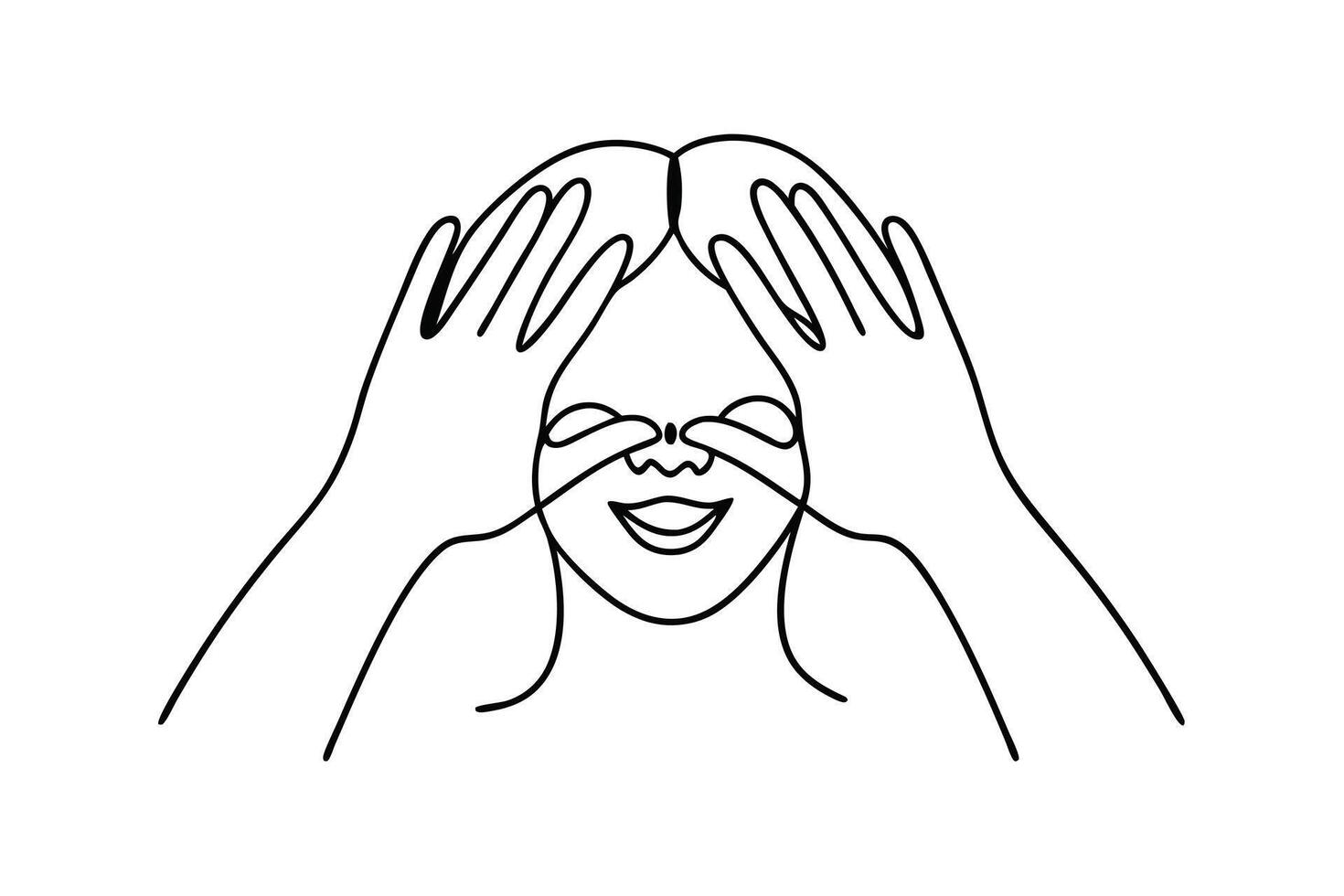 Happy Womans Hands Covering Eyes, Simple Line Art Drawing vector