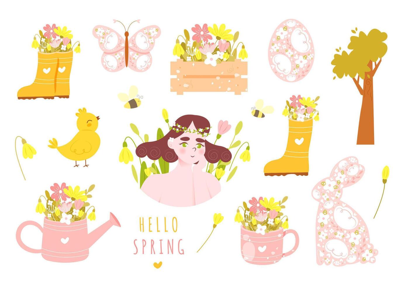 Set of cute spring and Easter elements isolated on white background - flowers in watering can, rubber boots, girl surrounded by flowers, floral bunny and egg, baby chicken, tree vector