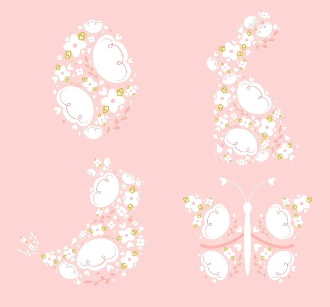 Set of cute Easter and spring elements with flowers in egg shape, bunny, baby chicken, butterfly. Hand drawn collection. Folk style Easter symbols. Flowers in Easter bunny shape vector