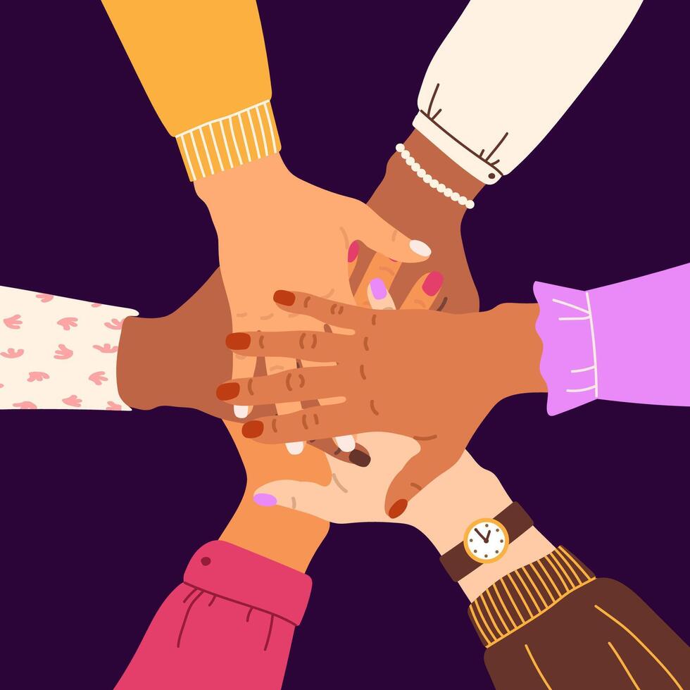 Hands of diverse people putting together. Cooperation, unity, partnership, agreement, teamwork vector