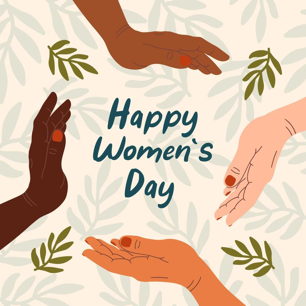 International Womens Day. diverse Hand putting together. feminism, unity, togetherness, partnership vector