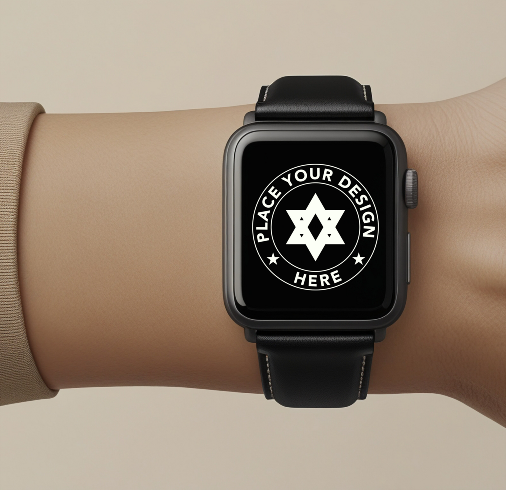 Elegant smartwatch mockup with touch screen display. High-quality watch mockup for smart device presentations and fitness tracker UI previews. psd