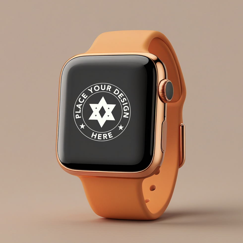 Wearable technology smartwatch mockup with a blank screen for app display. High-quality watch mockup for interface design, fitness tracking, and digital presentations. psd