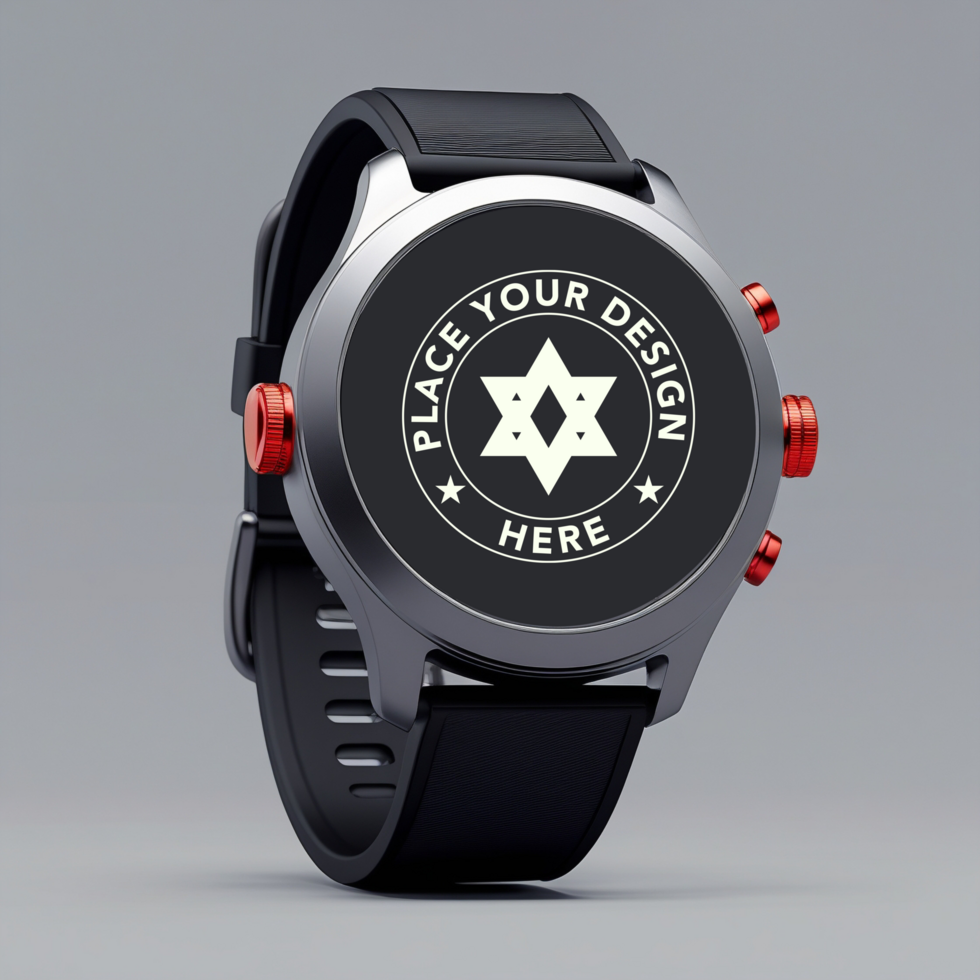 Digital smartwatch mockup with a high-quality blank screen for app previews. Use this watch mockup for wearable technology and interface presentations. psd