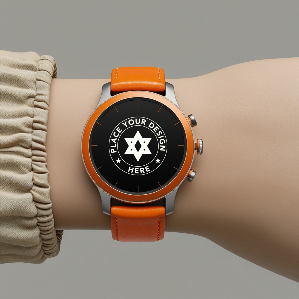 Realistic smartwatch mockup with clean display for digital interface previews. Use this watch mockup for smart device presentations and fitness band UI. psd