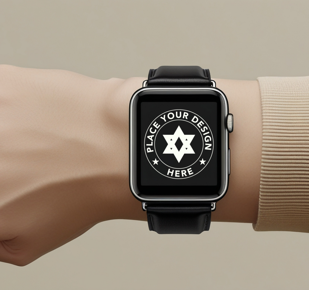 Realistic smartwatch mockup featuring touch screen display for UI presentations. Use this watch mockup for wearable device and smart tracker displays. psd