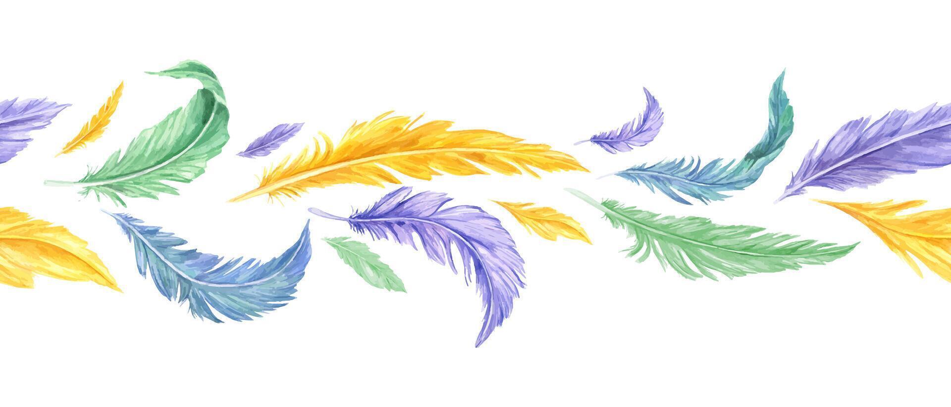 Watercolor colored abstract feathers seamless horizontal banner isolated background. Natural cute lightweight plume illustration in carnival colors. For gift wrapping paper, holiday canvas vector