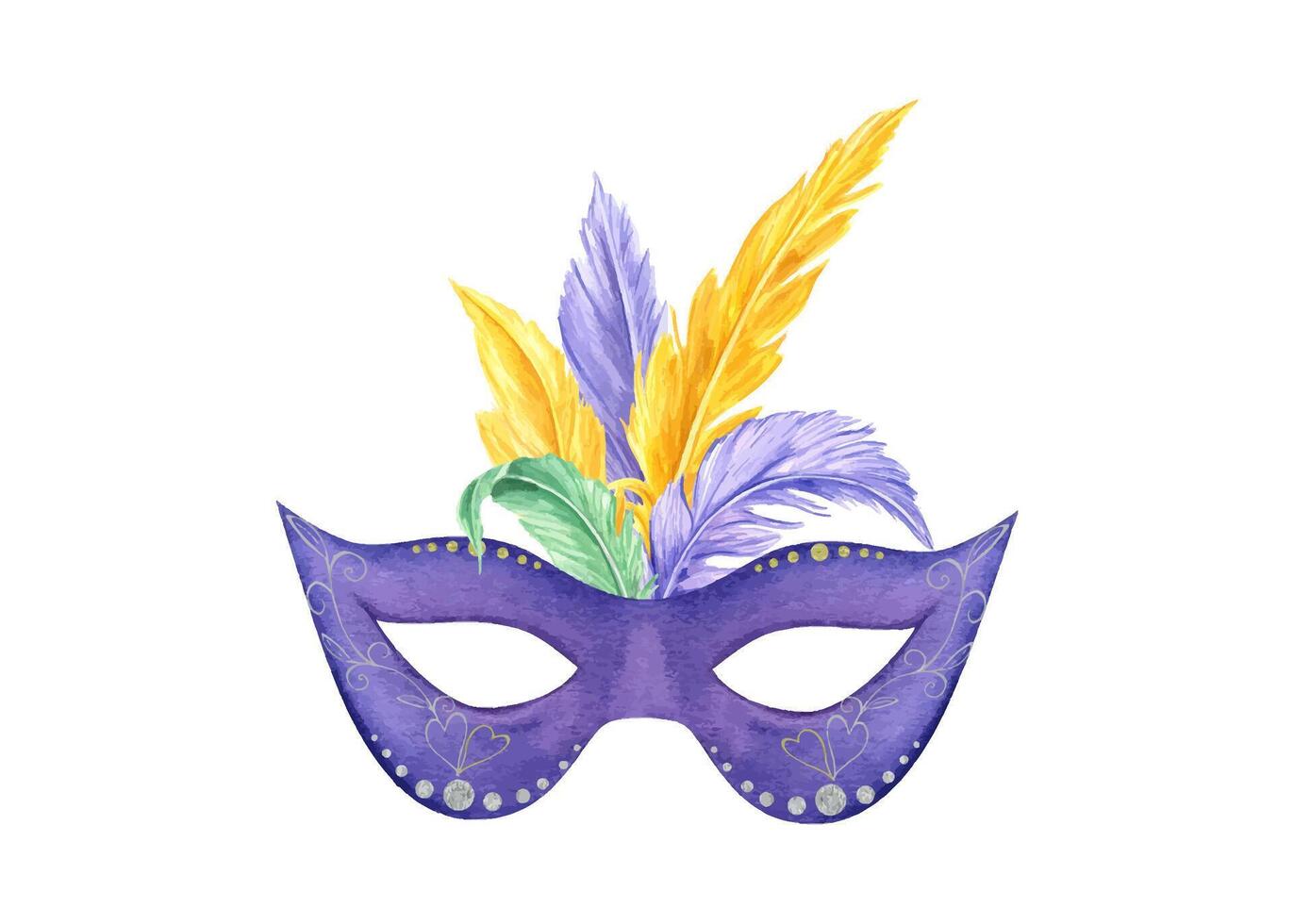Watercolor blue carnival masquerade mask with colorful bird feathers illustration. Elegant Mardi gras, Venetian, Brasil festival costume attribute for greeting cards, poster, invitation vector