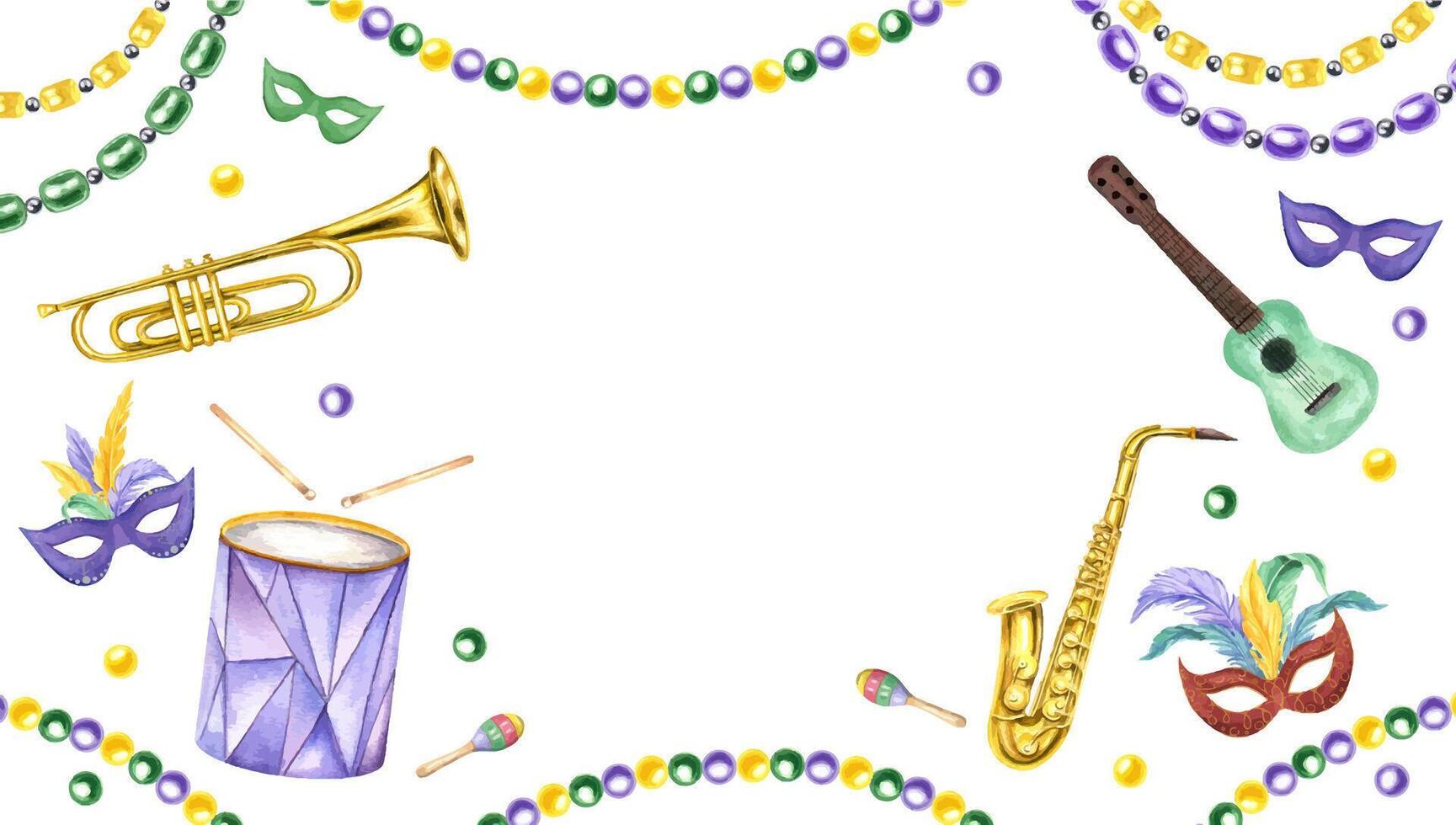 Carnival musical street party watercolor horizontal frame isolated background. Music holiday percussion, string and wind instruments, masks with feathers, bead garlands illustration with empty space vector