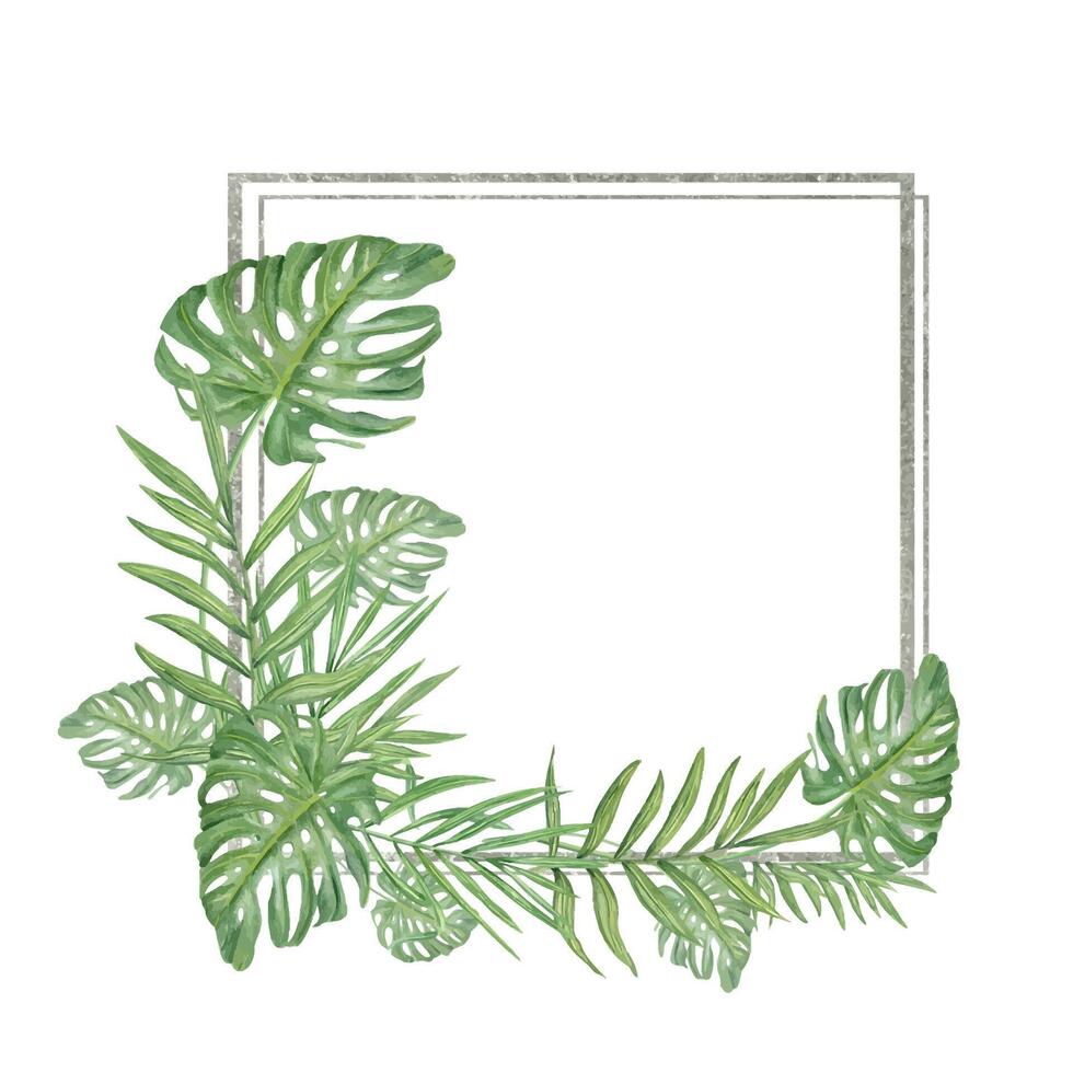 Watercolor tropical green leaves with square silver frame isolated background. Summer palm and monstera foliage illustration with copy space for text. Composition for greeting card, invitation vector