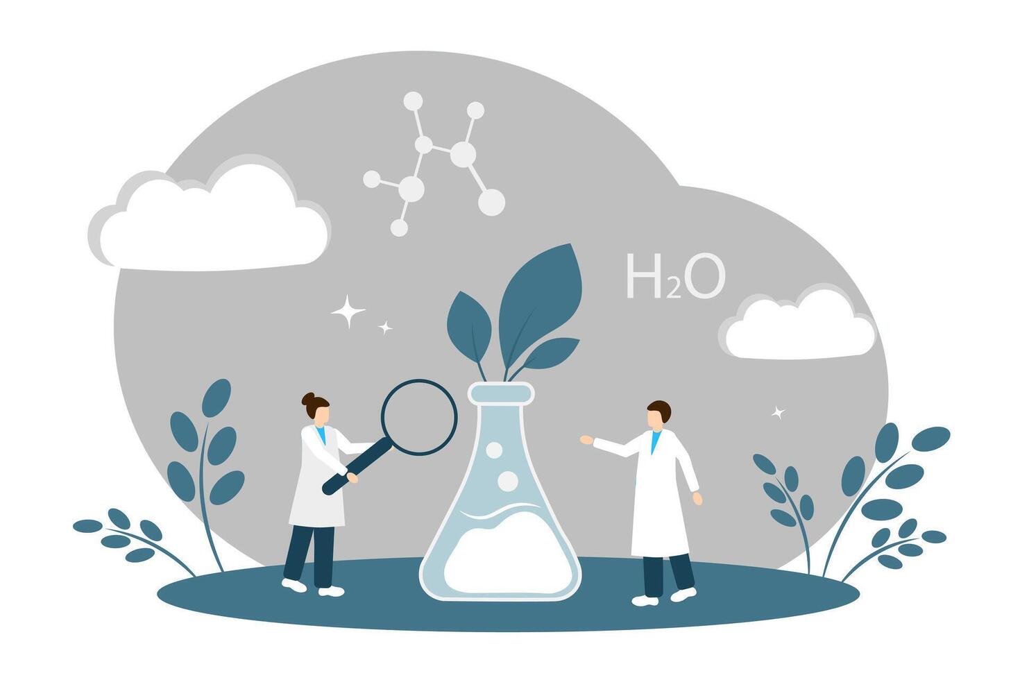 The concept of scientific research in the field of biology, chemistry and botany. Two scientists study plant growth. vector