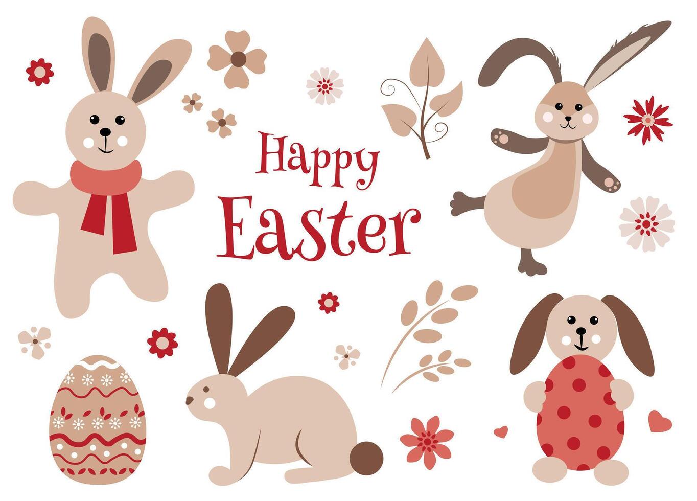 Set of beige, Easter bunnies and flowers on a white background. Happy Easter text. Greeting Card vector