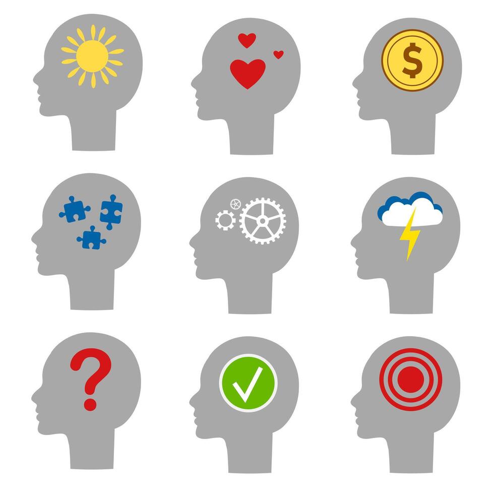 A set of heads with different symbols. Thoughts, mood and emotions of a person. Sun, love, question mark, gears, puzzles, cloud, pain, money vector