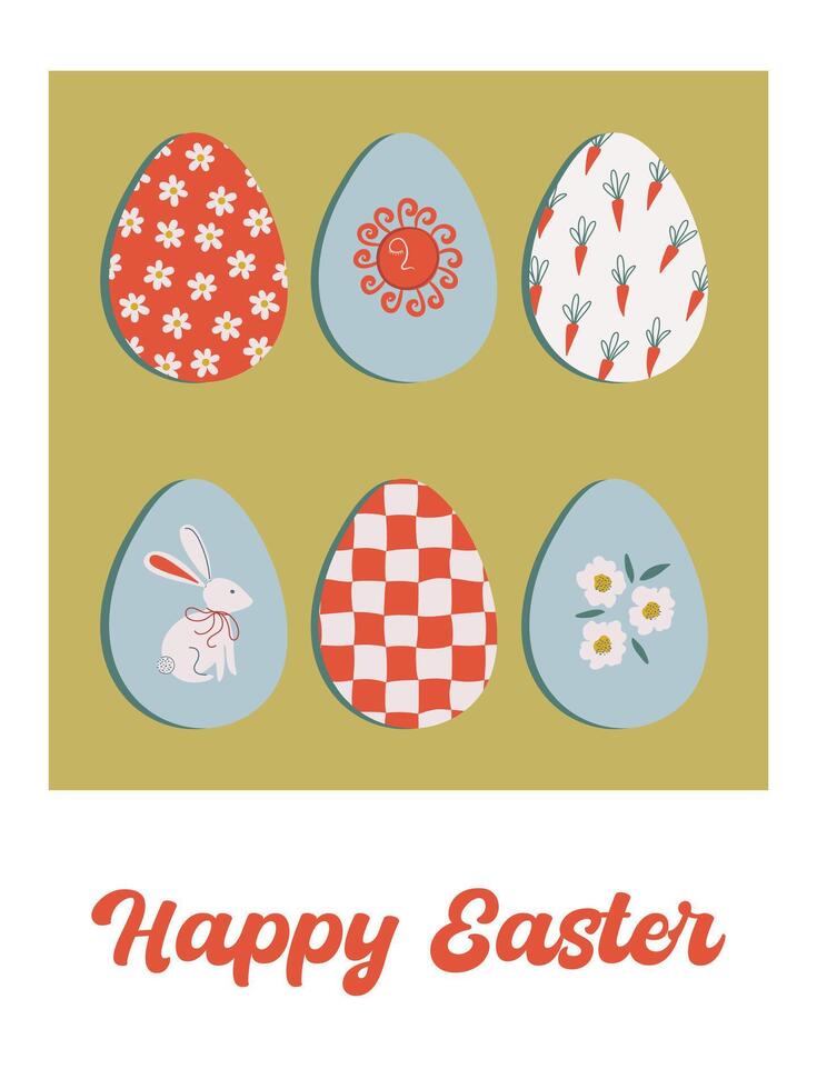 Happy Easter day card or poster with ornate eggs. Retro style holiday banner. Easter print with cute bunny and flowers. Abstract background. Flat design illustration. vector