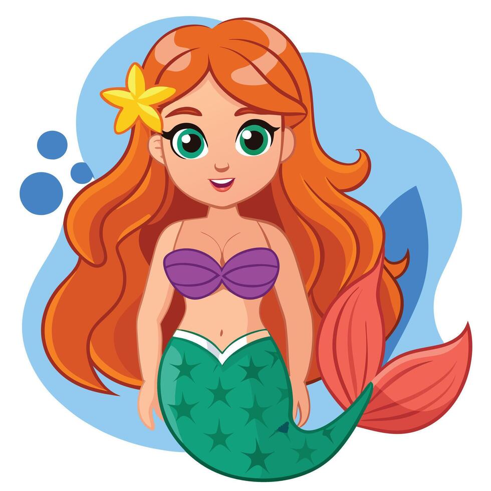 Cartoon mermaid with long red hair and purple tail vector
