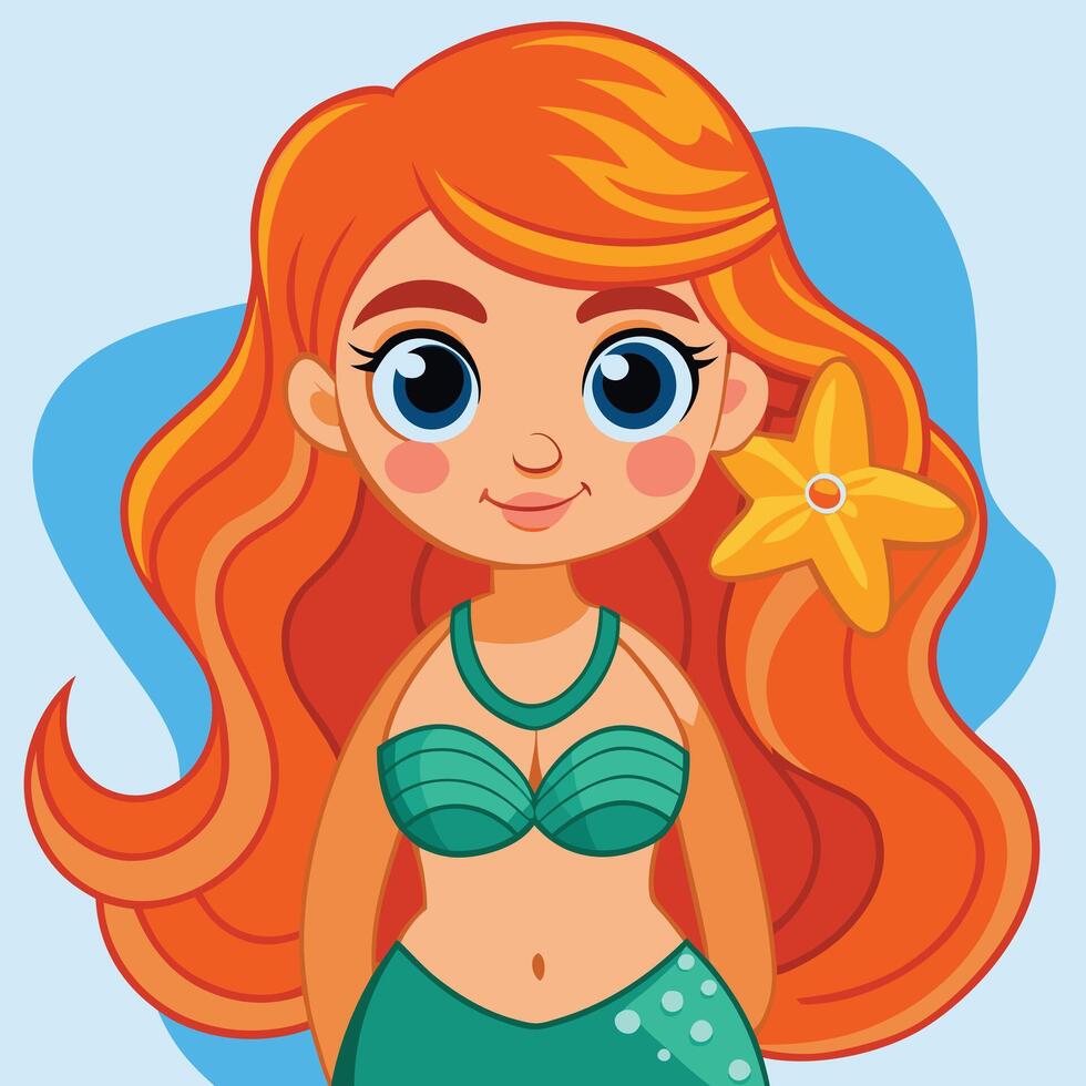 Cartoon mermaid with long red hair and starfish vector