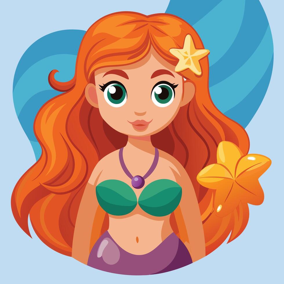A cartoon mermaid with long red hair and starfish vector