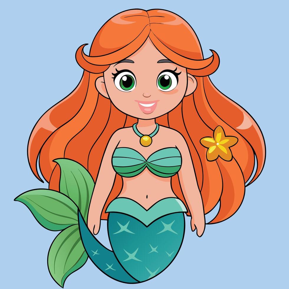 Cartoon mermaid with long red hair and green eyes vector