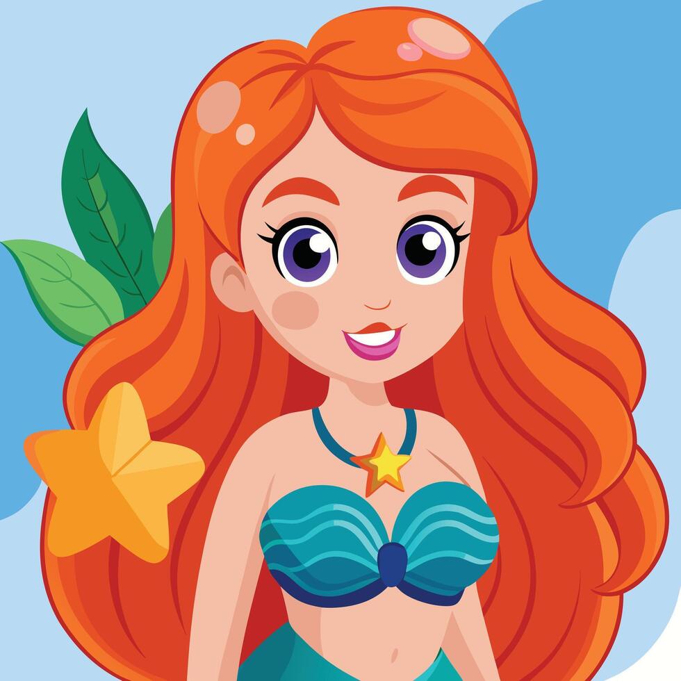 A cartoon mermaid with long red hair and starfish vector