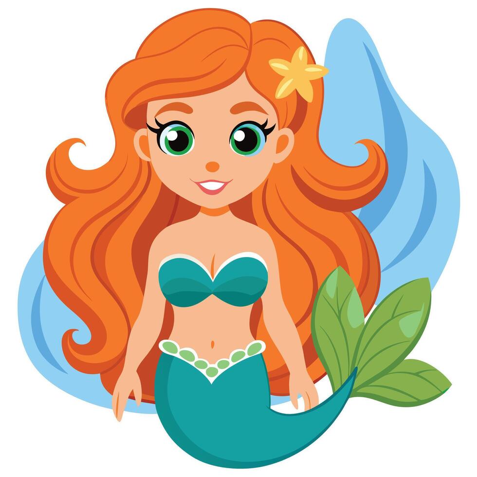A cartoon mermaid with long red hair and green tail vector