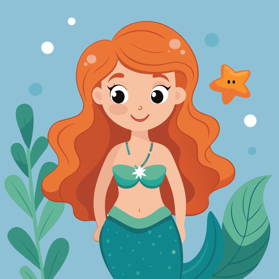 Cartoon mermaid with starfish and sea plants vector