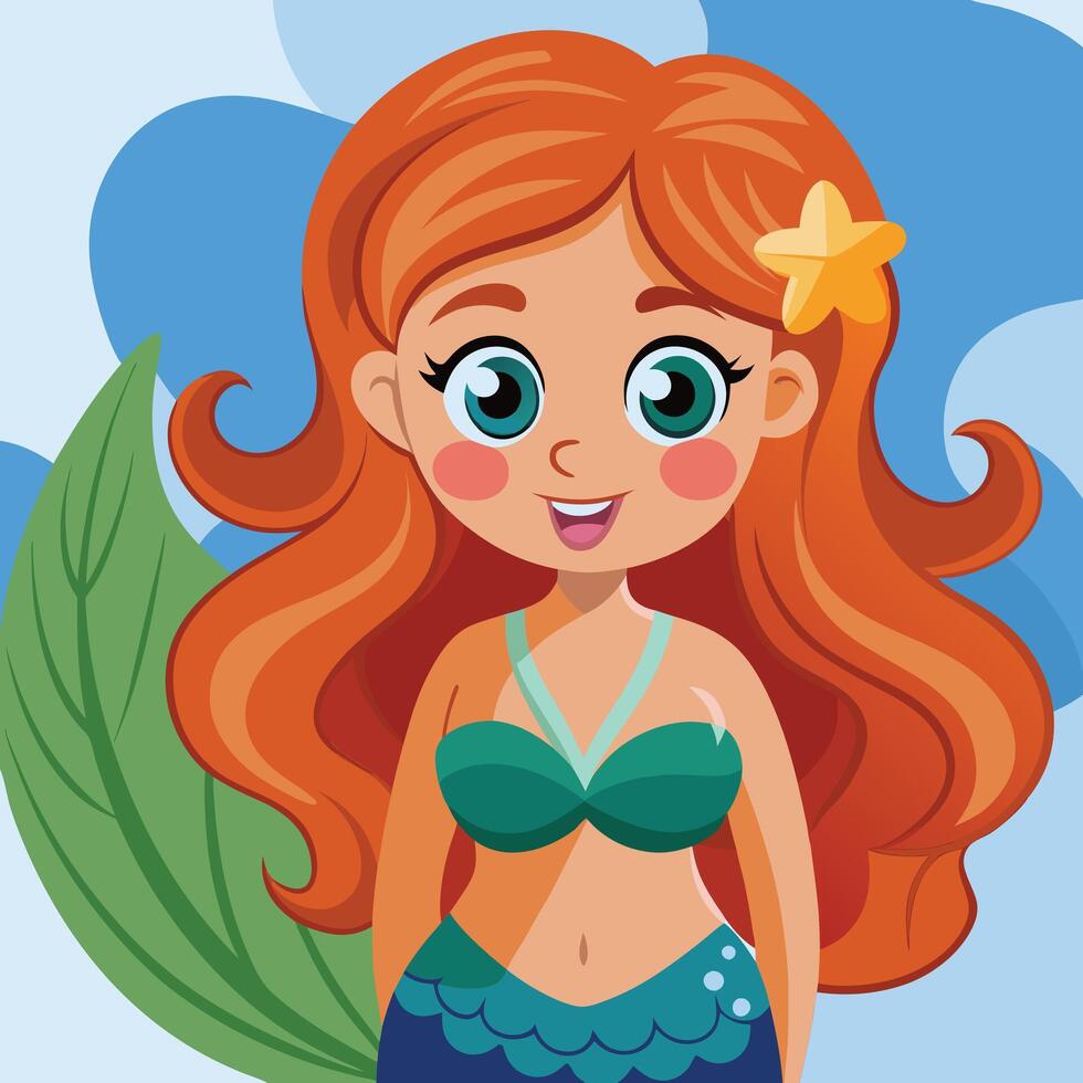 A cartoon mermaid with long red hair and green leaf vector